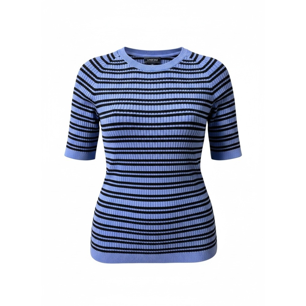 Lands End Sweater Womens 2X Blue Striped Excellent Short Sleeve Cotton Ribbed